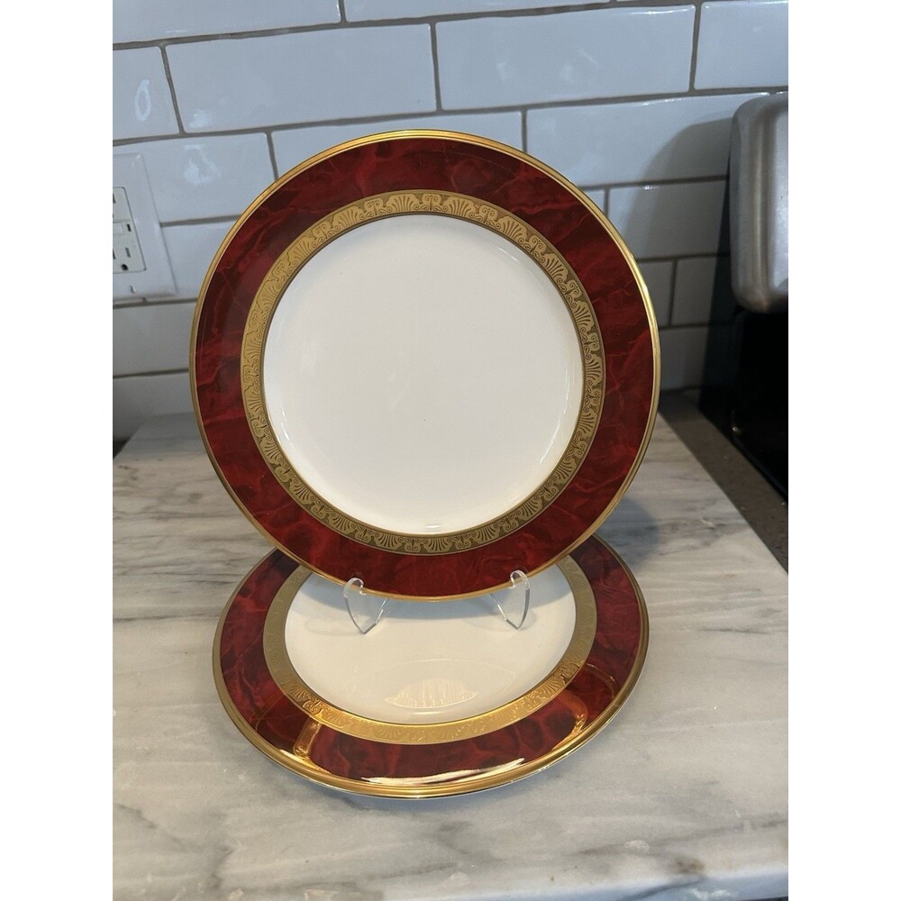 Set Of 2 NORITAKE HEMINGWAY Burgundy Gold  Bone China Salad Plates Elegant